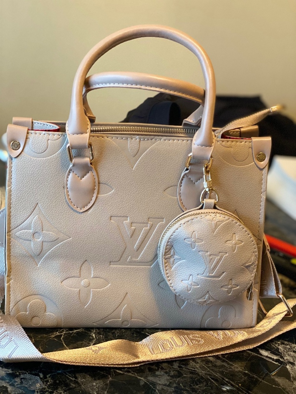 Embossed Monogram Leather Handbag w/ Coin Pouch Beige Structured Bag